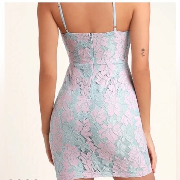 Lulus Loving Thoughts Light Blue & Pink Halter Neck Lace Mini Dress Size M - Picture 3 of 16